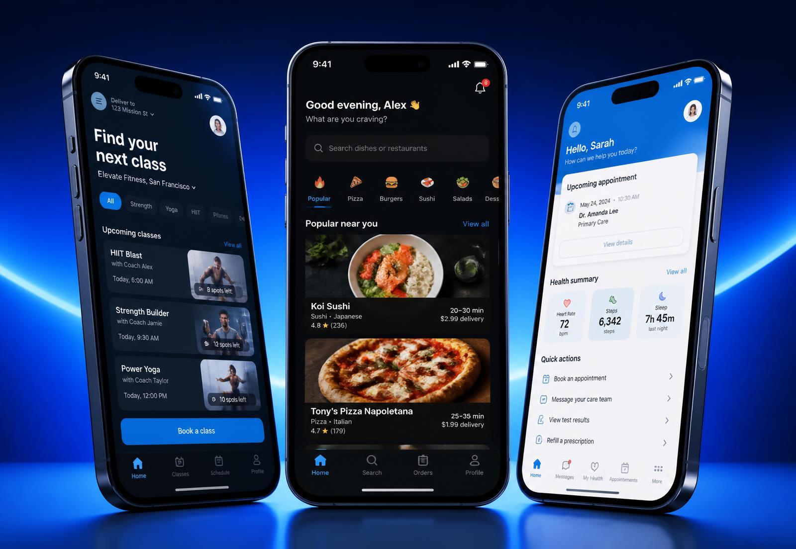 Gym booking, restaurant ordering and healthcare patient apps shown on three phones